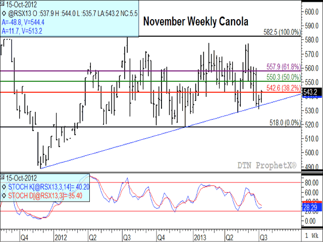 November canola has remained above its upward-sloping trendline after slipping below this support for the first time last week. Canola prices moved back above resistance of $542.60 per metric tonne in today&#039;s trade, while the bottom study indicates a potential turning-point for momentum indicators, with the faster, blue %k line turning higher. (DTN graphic by Nick Scalise)